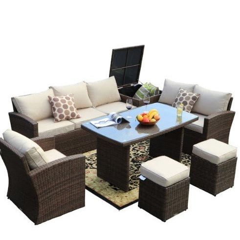 179.85" X 31.89" 32.68" Brown 7Piece Steel Outdoor Sectional Sofa Set With Ottomans And Storage Box - The Yardtopia