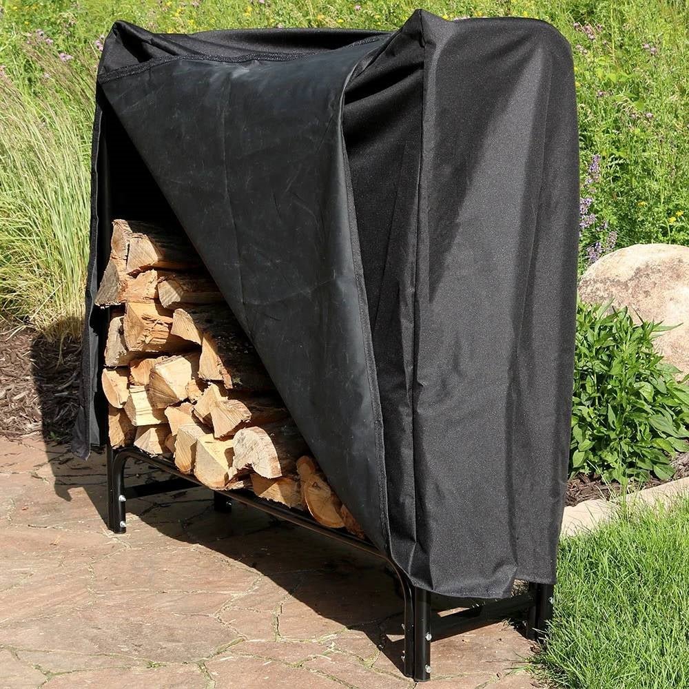 Black Metal Firewood Rack with Cover - The Yardtopia