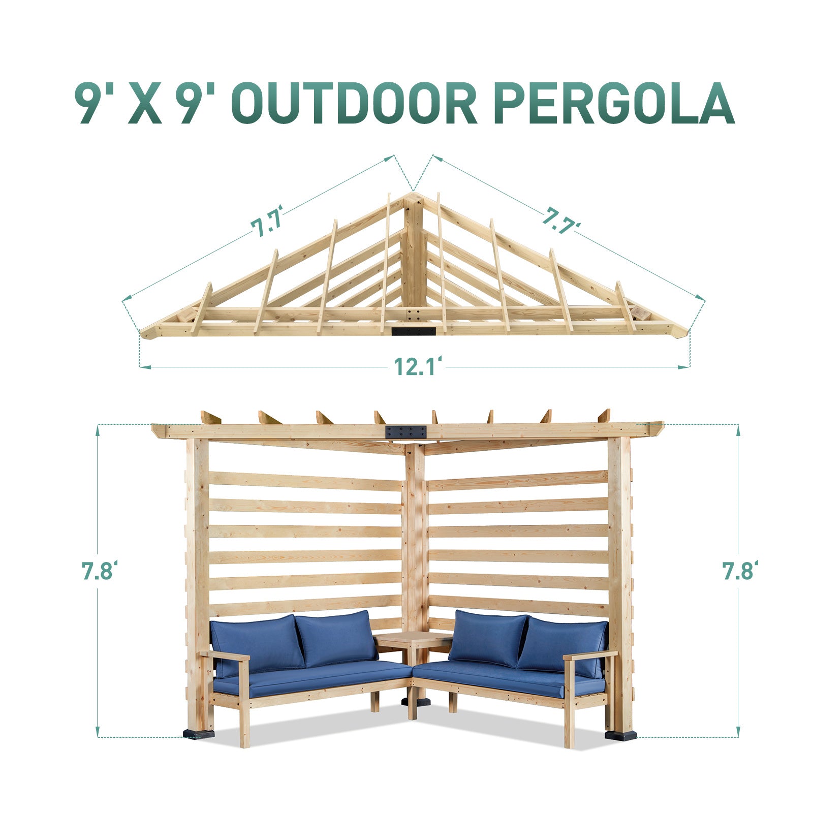 9x9 FT Solid Wood Pergola with Sofa and Table