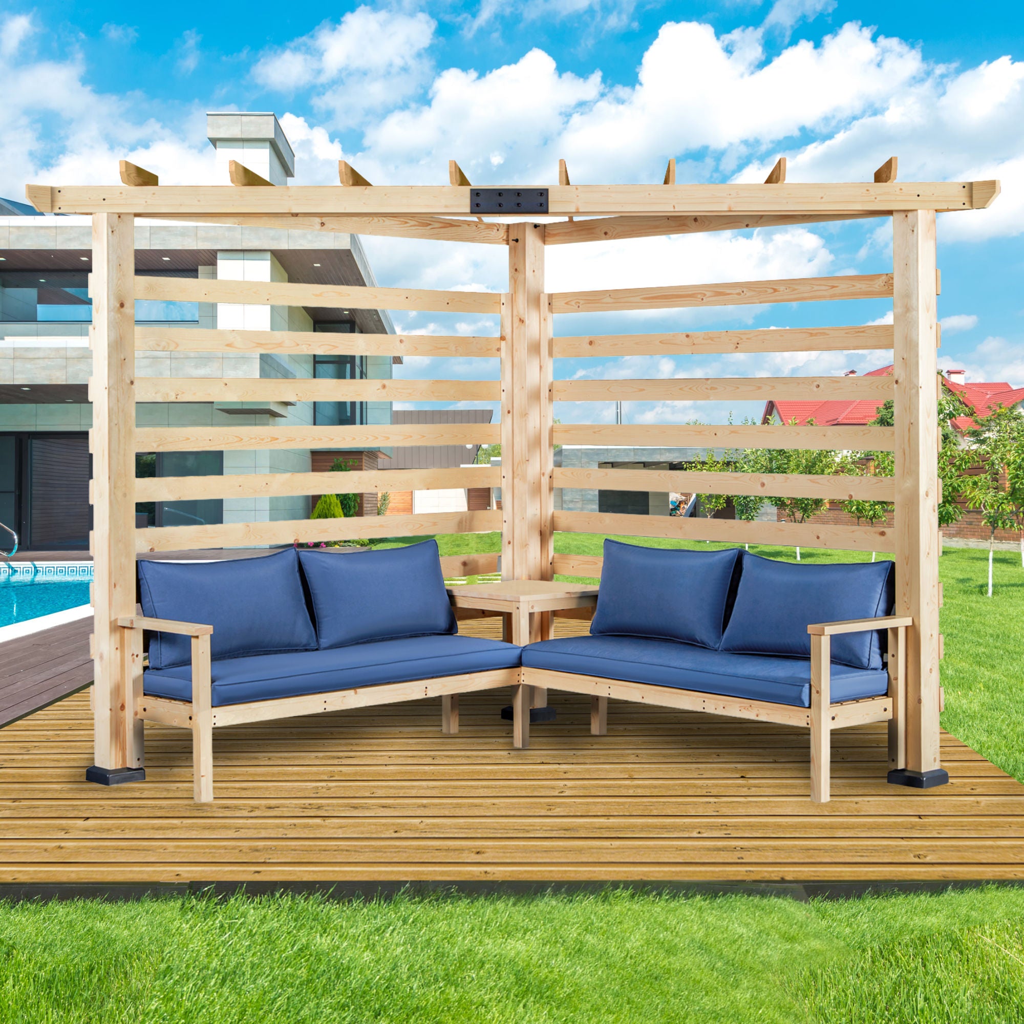 9x9 FT Solid Wood Pergola with Sofa and Table