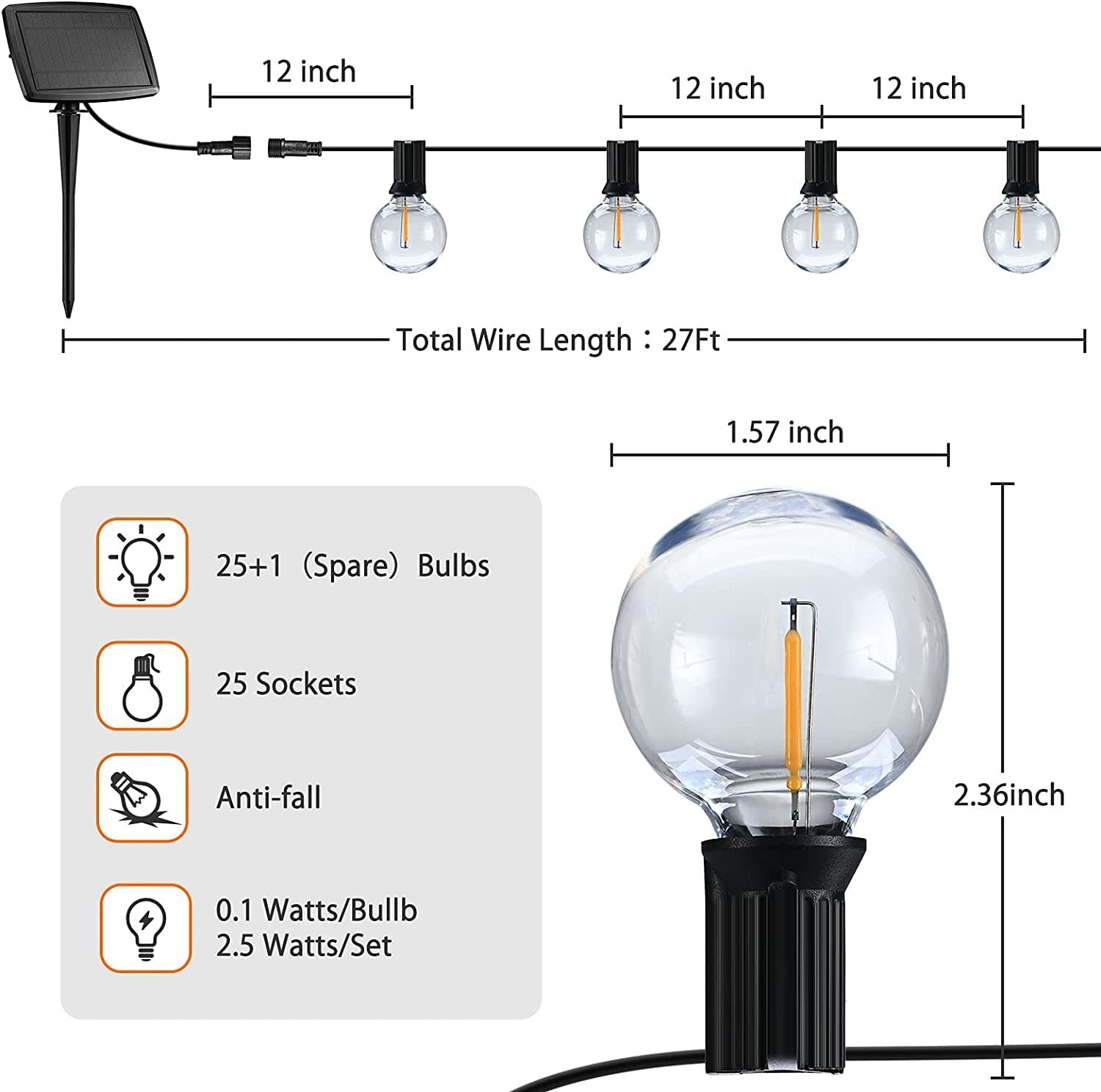 27Ft Outdoor Waterproof Globe Solar Lights - The Yardtopia