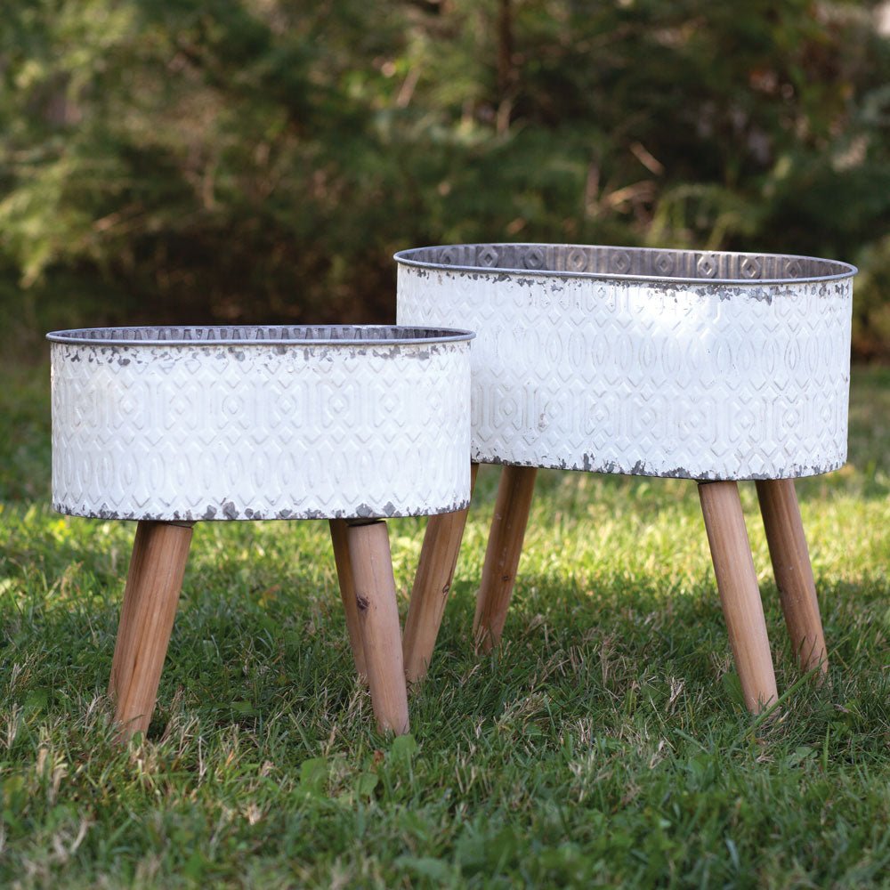 Embossed Metal Planters with Wood Legs - Set of 2 - The Yardtopia