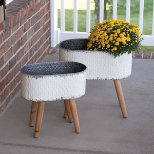 Embossed Metal Planters with Wood Legs - Set of 2 - The Yardtopia