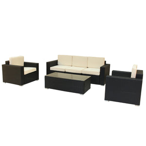 Four Piece Brown SQA Faux Rattan and Ivory Outdoor Seating Set with Table - The Yardtopia