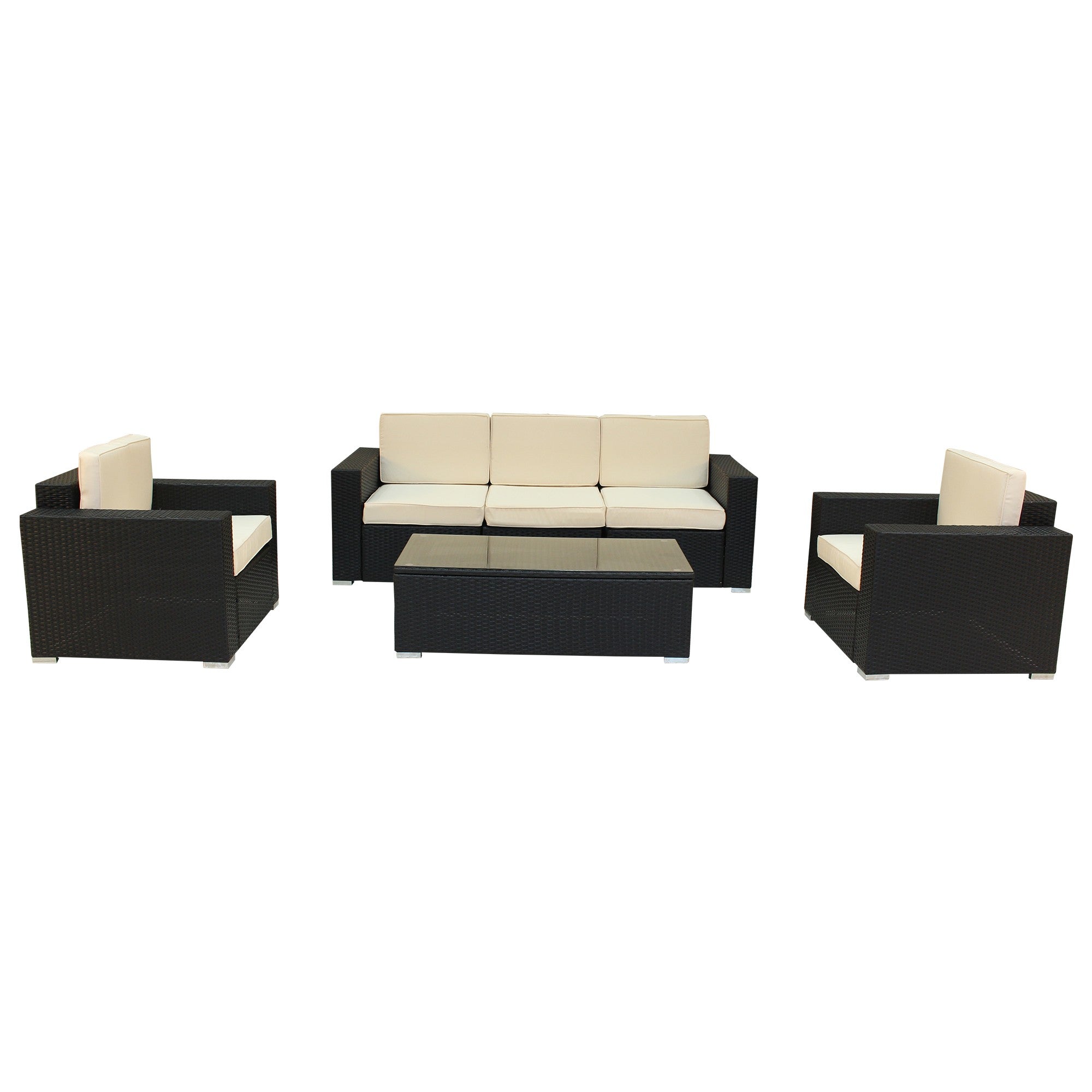 Four Piece Brown SQA Faux Rattan and Ivory Outdoor Seating Set with Table - The Yardtopia